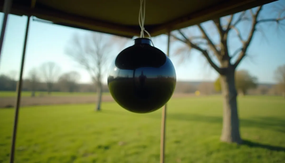 Black ball trap hanging in a pasture