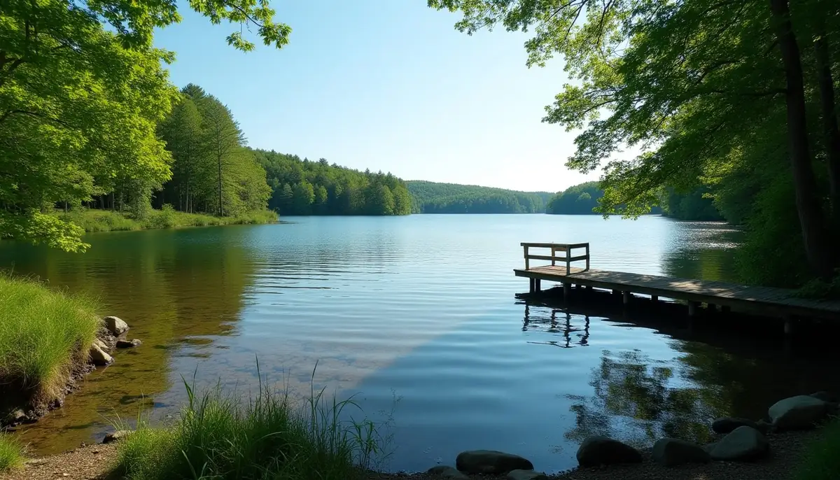 Wooded lake shore with a dock