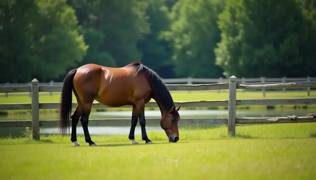 Horse grazing in a summer pasture by a pond