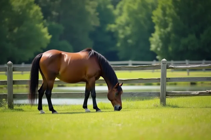 Horse grazing in a summer pasture by a pond