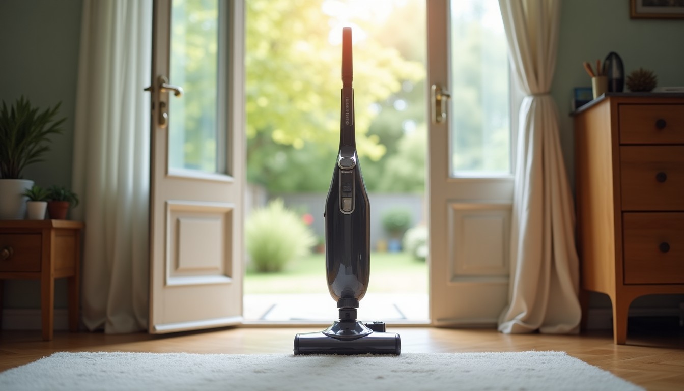 Vacuum cleaner on carpet by an open door