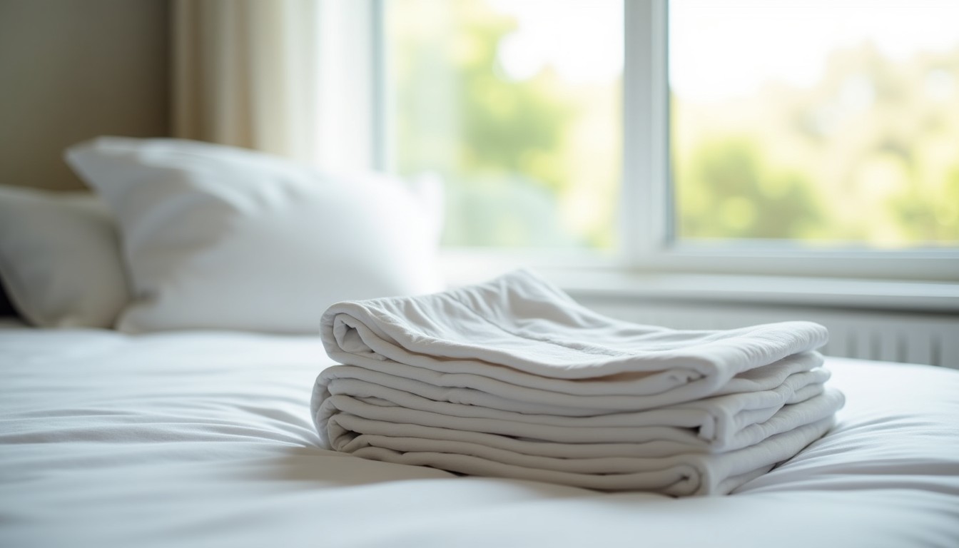 Laundered sheets folded on a bed