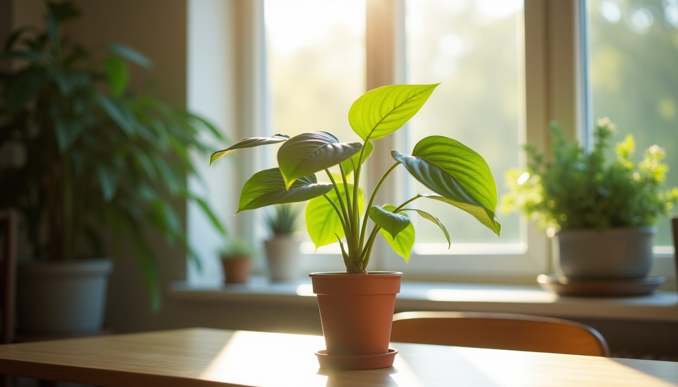 House plant on a sunny table by a window