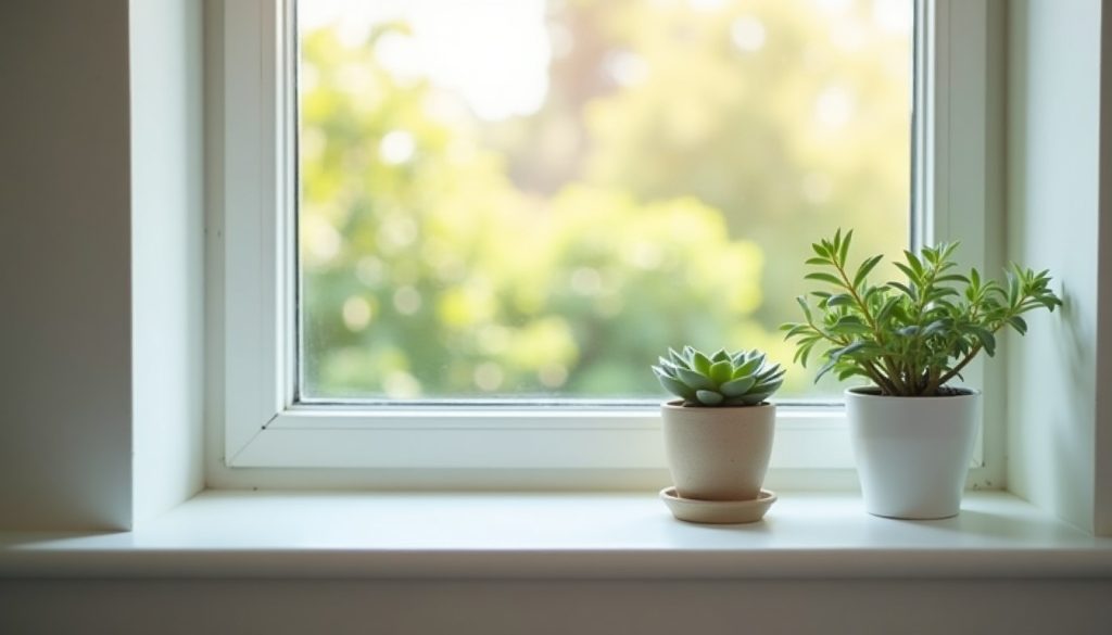 Sunny windowsill with a succulent and an open window