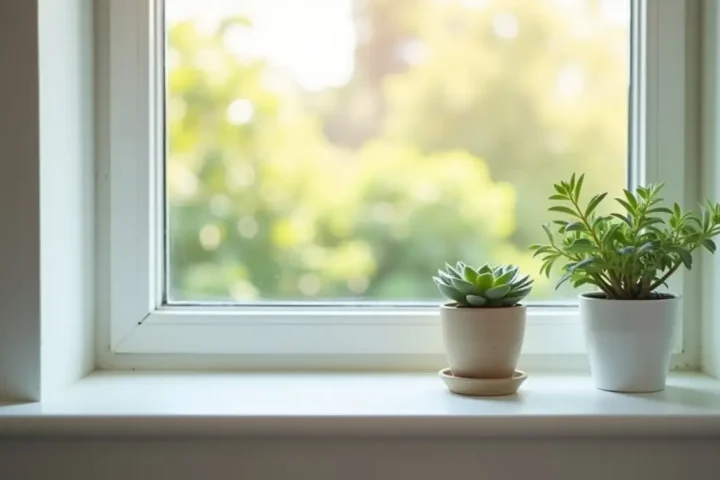 Sunny windowsill with a succulent and an open window