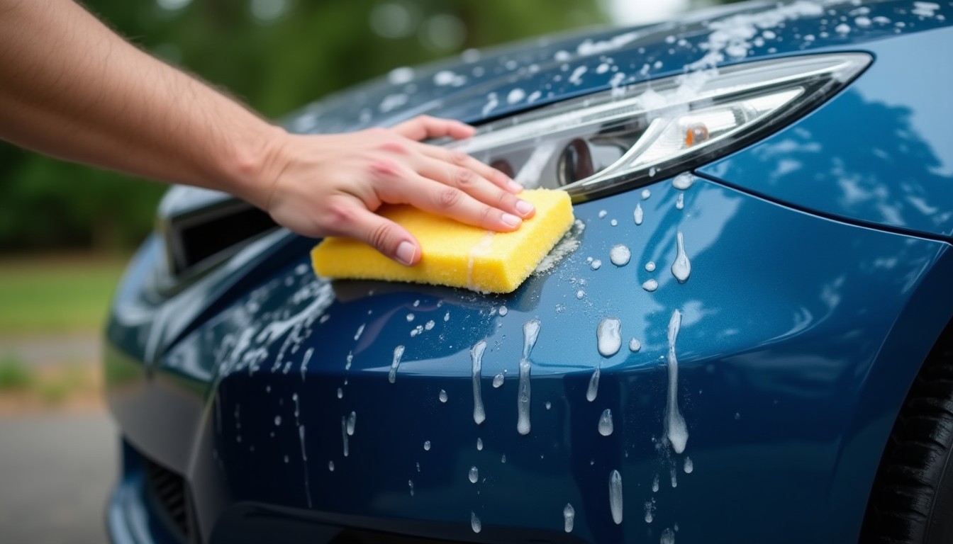 Car bumper being washed with soapy water