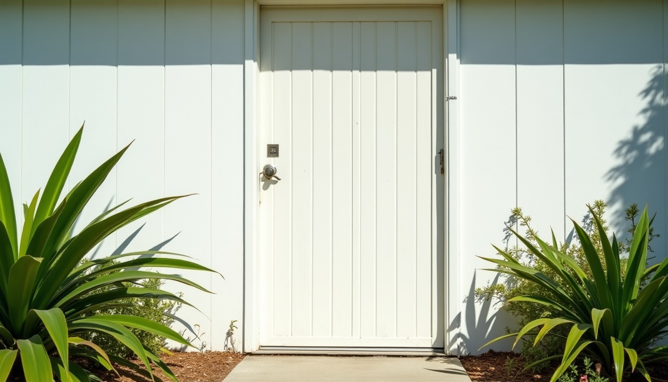 White house wall in bright sun with tropical plants