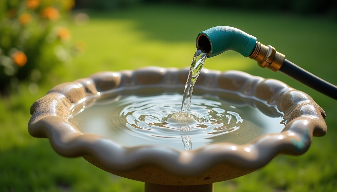 Bird bath being refilled with a hose