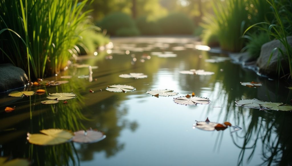 Still garden pond edge with reeds at dusk