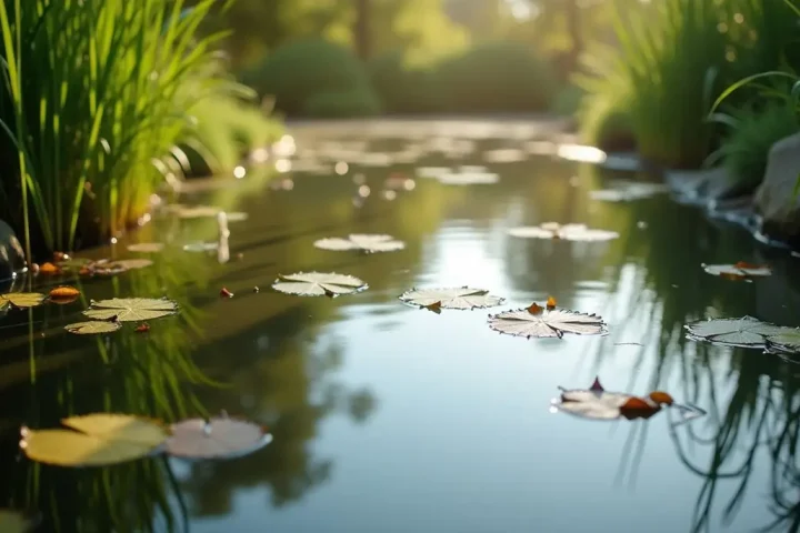 Still garden pond edge with reeds at dusk