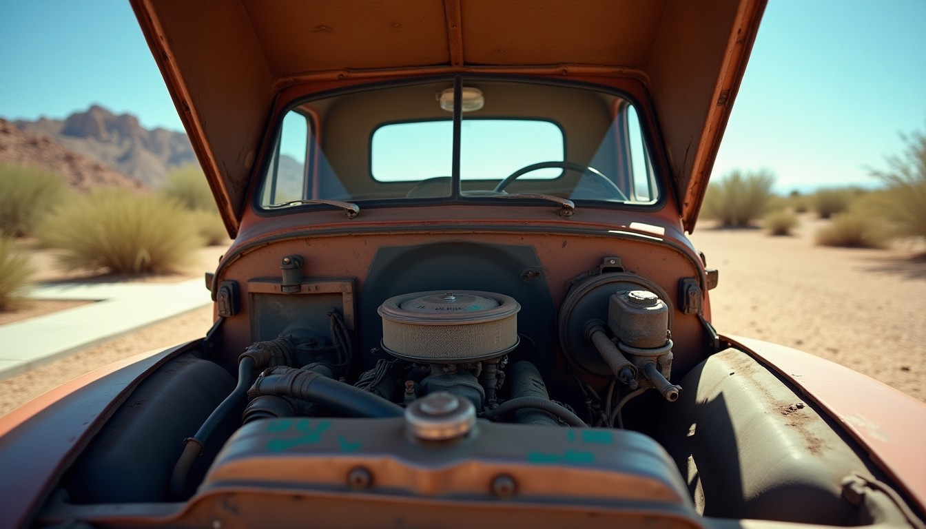 Open engine bay of an old pickup truck