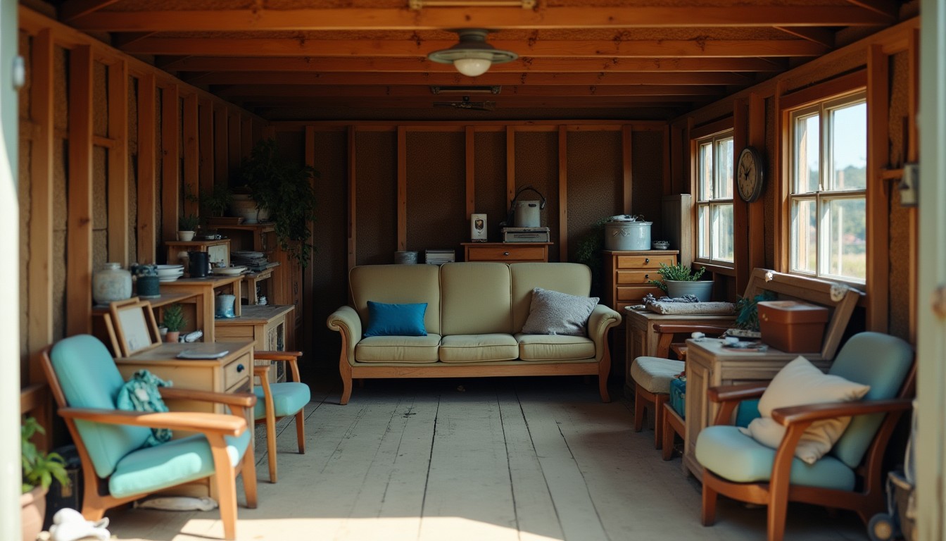 Cluttered shed interior with old furniture