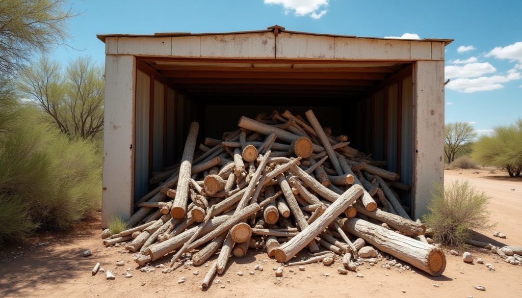 Pile of sticks and debris against a desert shed