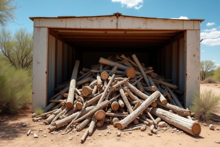 Pile of sticks and debris against a desert shed