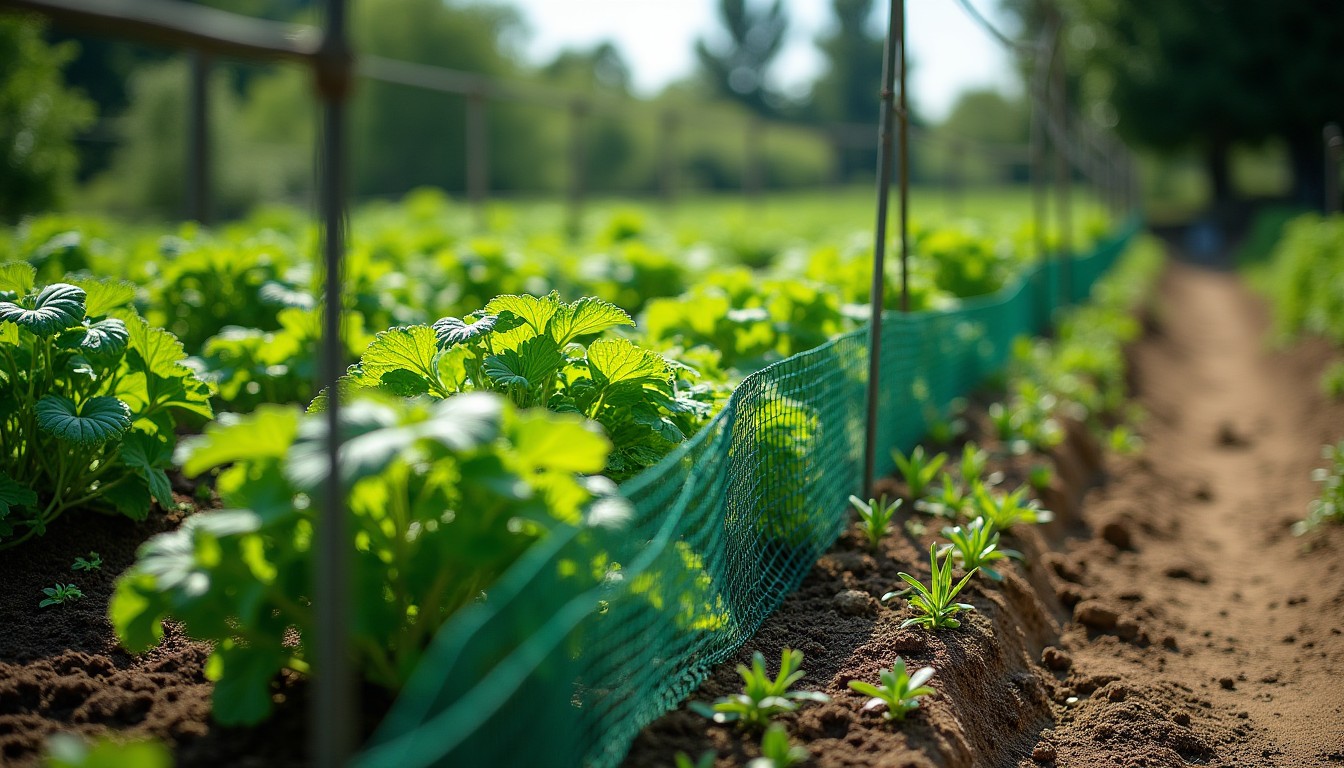 Vegetable garden behind a low wire mesh fence