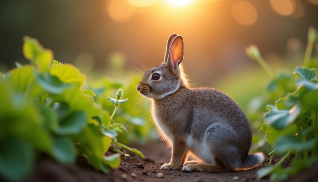 Cottontail rabbit at the edge of a vegetable garden