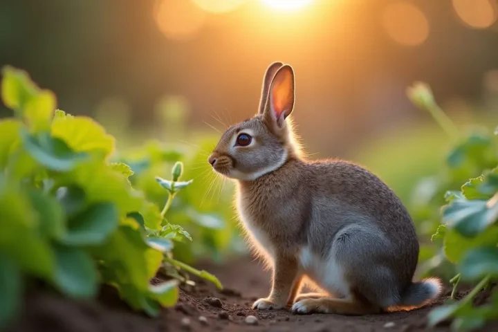 Cottontail rabbit at the edge of a vegetable garden