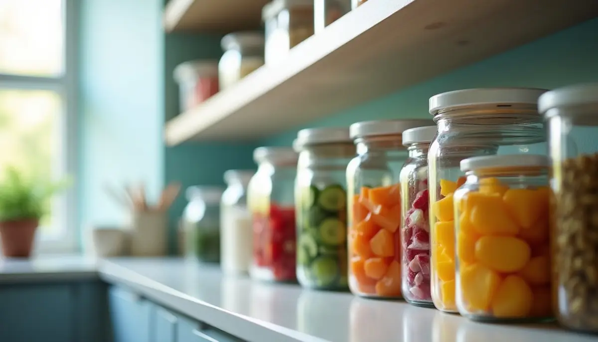Sealed glass food containers on a shelf