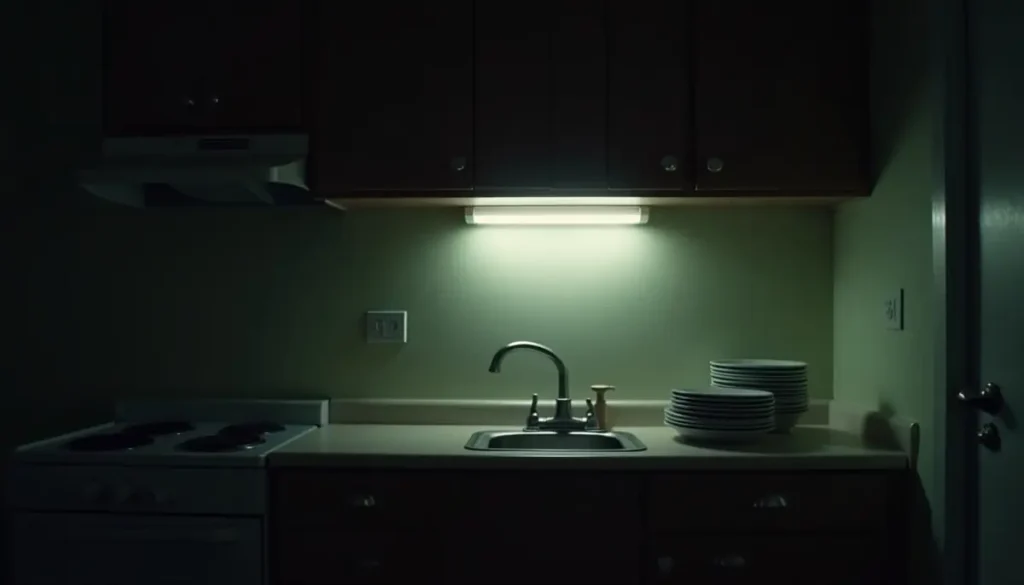 Apartment kitchen at night with dishes by the sink