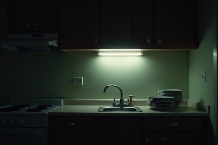 Apartment kitchen at night with dishes by the sink
