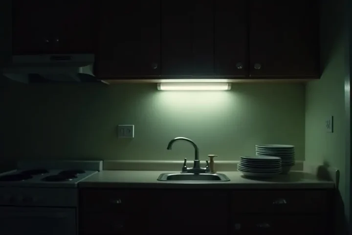Apartment kitchen at night with dishes by the sink