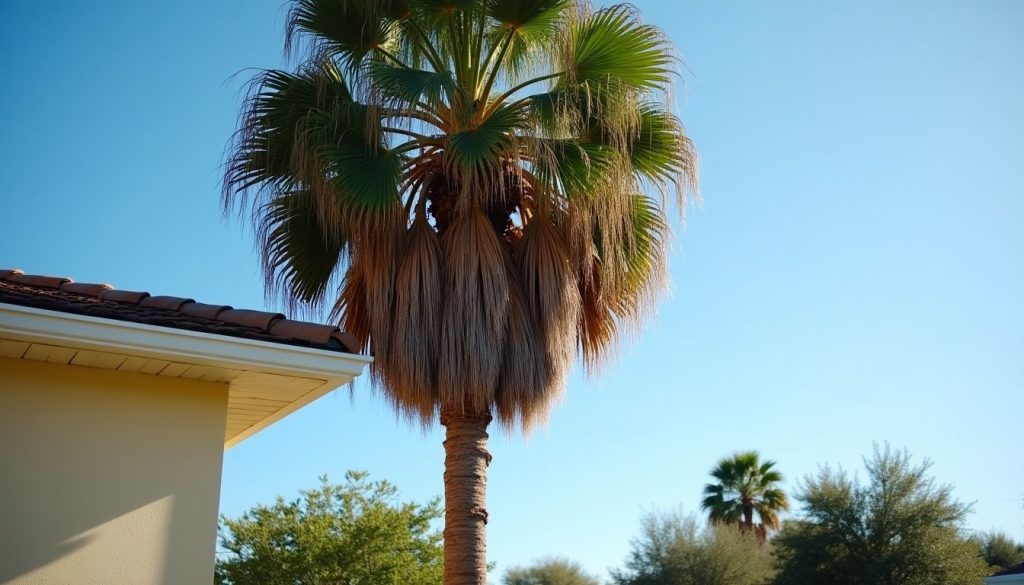 Palm tree with dead fronds beside a house roofline