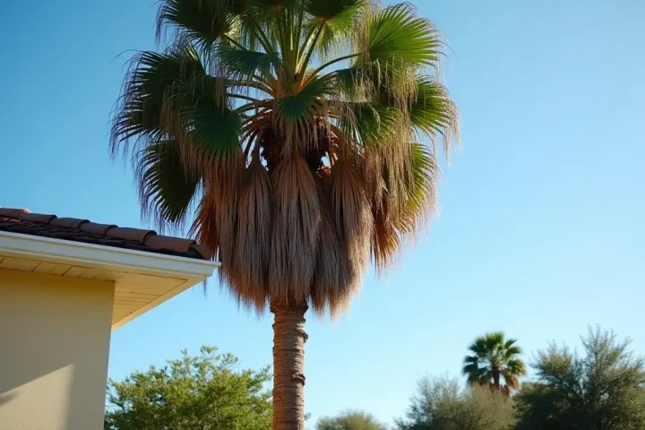 Palm tree with dead fronds beside a house roofline