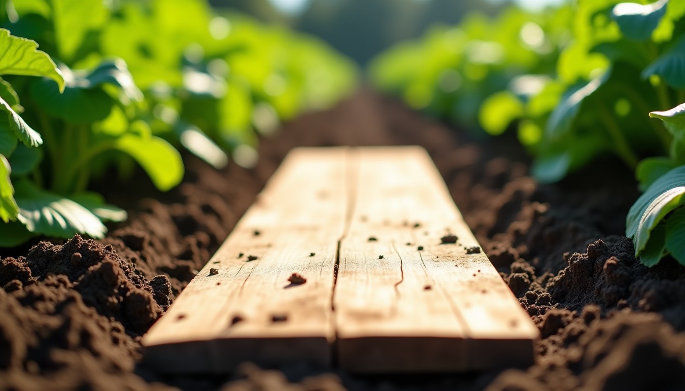 Wooden board lying on damp soil