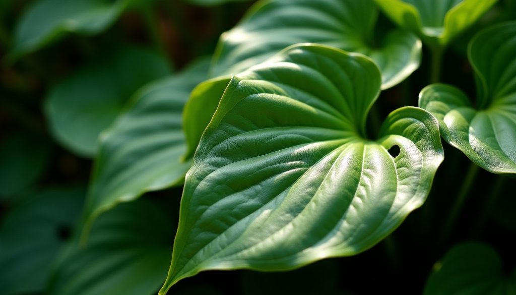 Hosta leaves in a damp shade garden