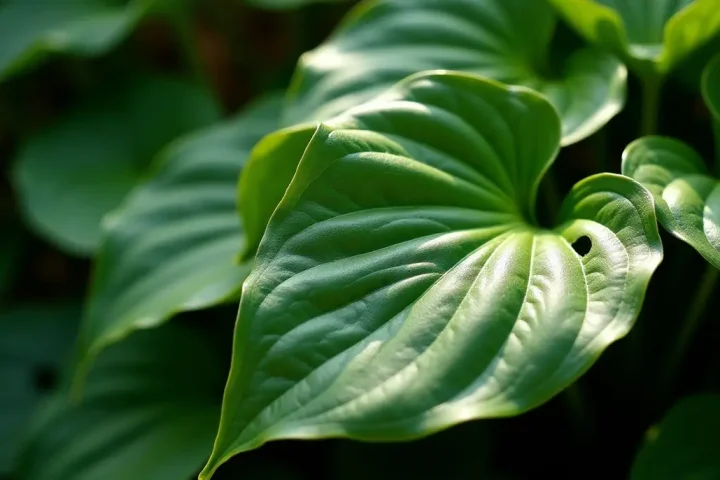 Hosta leaves in a damp shade garden