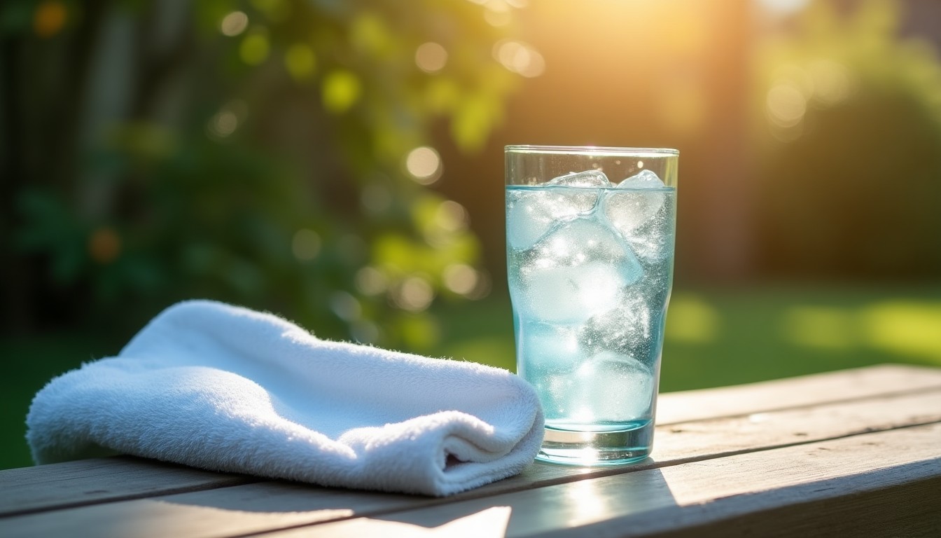 Glass of iced water and a towel on a garden bench