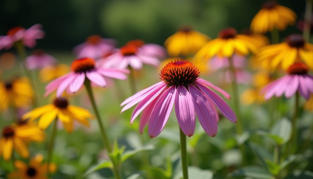 Coneflowers and black-eyed susans in a summer garden