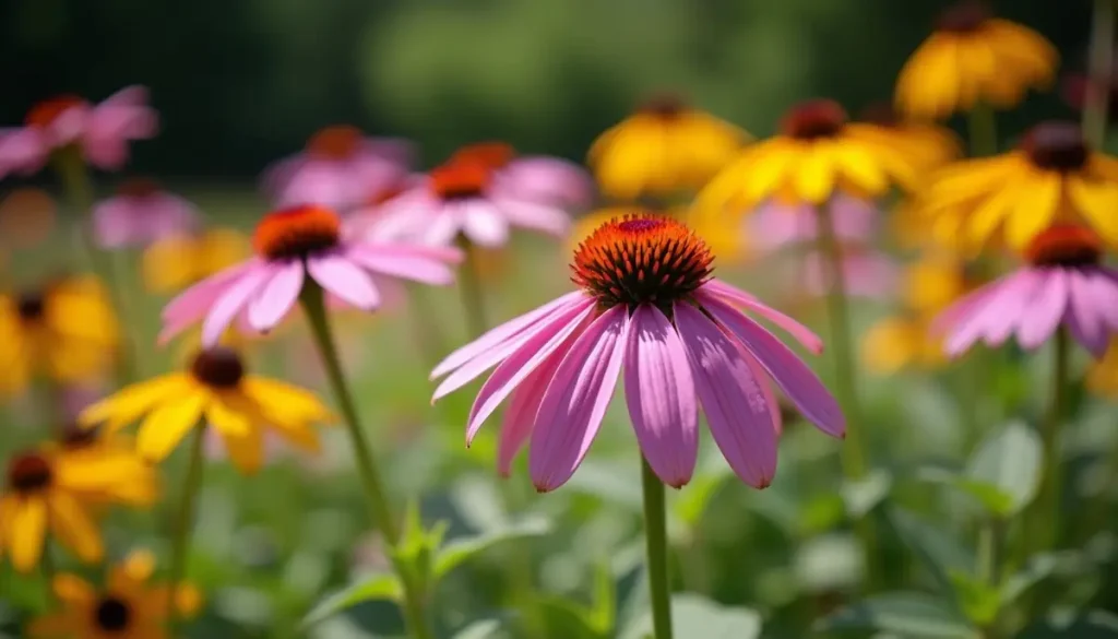 Coneflowers and black-eyed susans in a summer garden