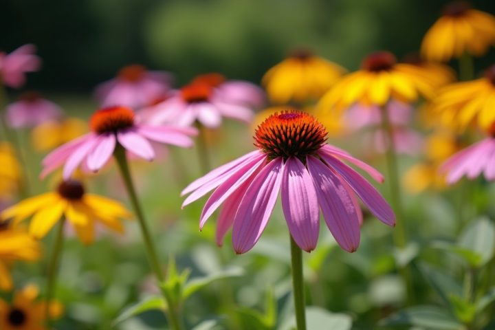 Coneflowers and black-eyed susans in a summer garden