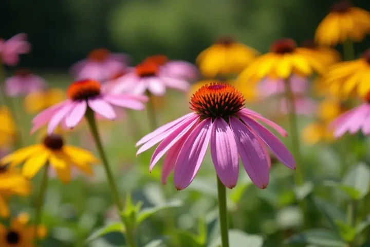 Coneflowers and black-eyed susans in a summer garden