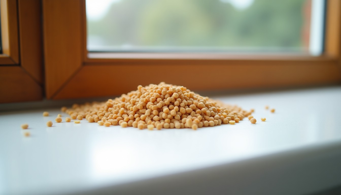 Small pile of pellets on a windowsill