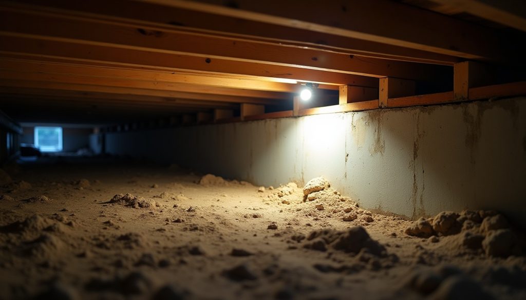 Crawlspace under a house with wooden joists