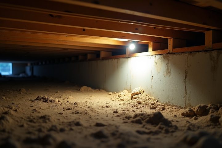 Crawlspace under a house with wooden joists