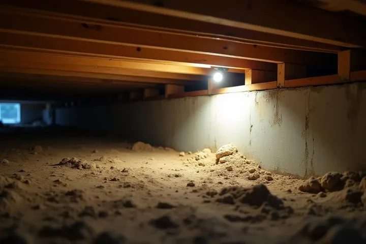 Crawlspace under a house with wooden joists