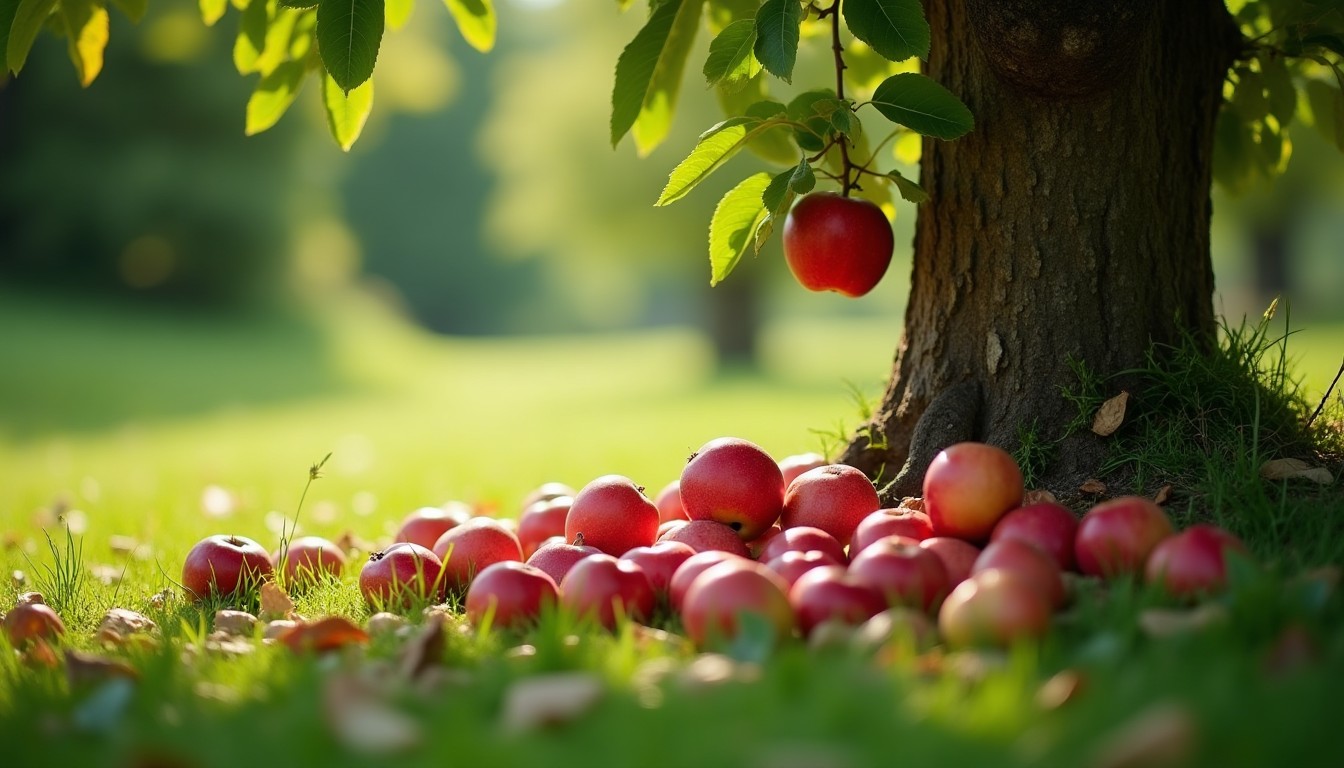 Fallen apples on grass under a tree