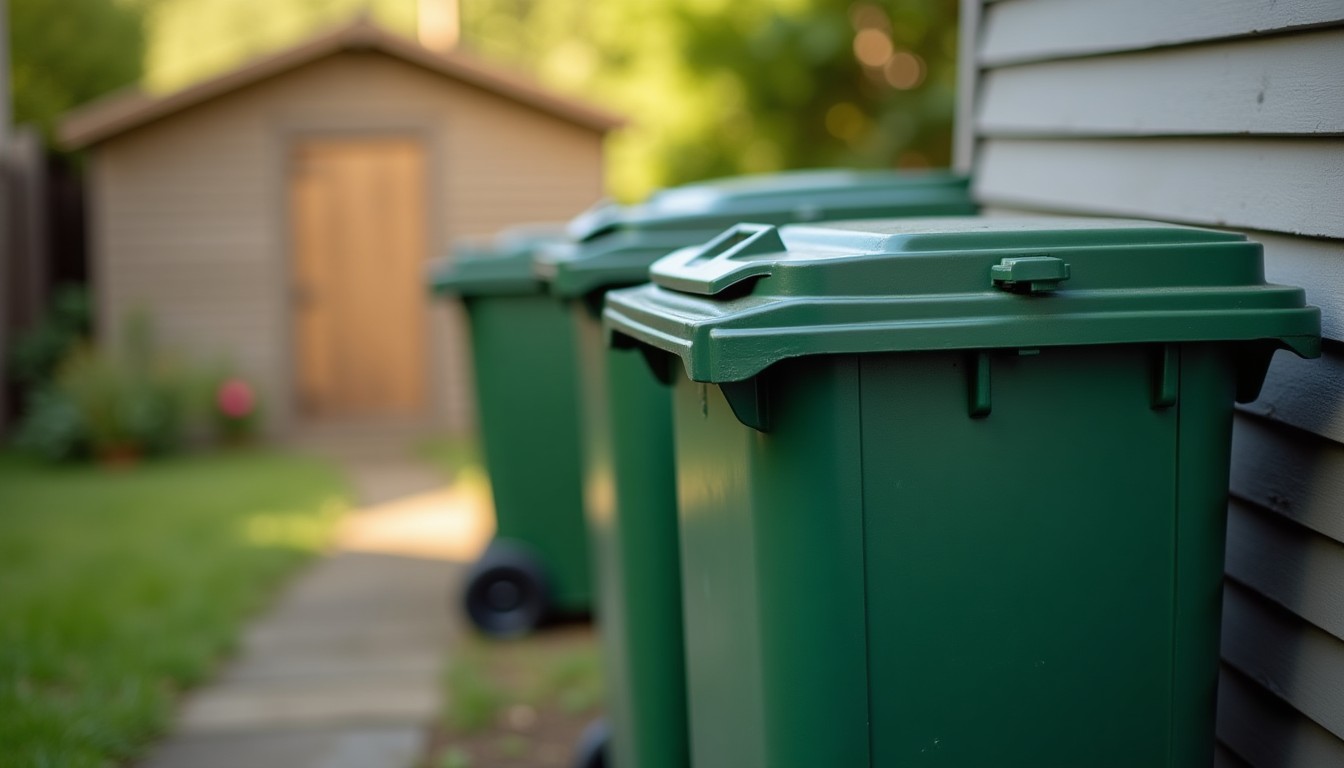 Rubbish bin with a tight lid beside a shed