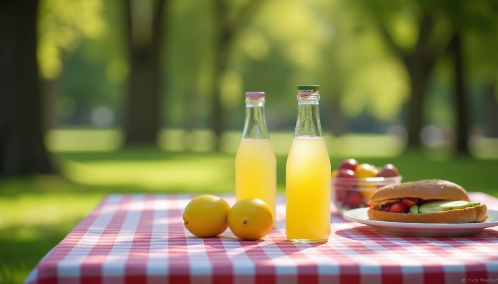 Picnic table with lemonade and fruit in late summer