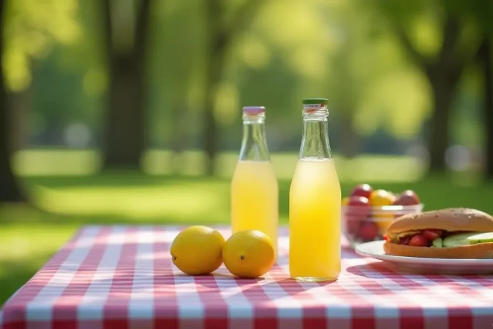 Picnic table with lemonade and fruit in late summer