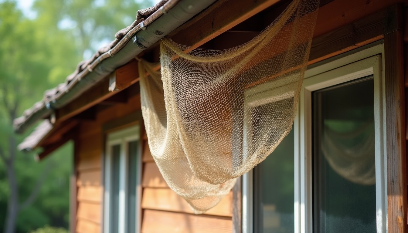 Bird netting hung over wooden siding