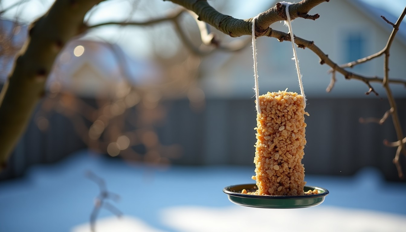 Suet feeder hanging from a tree in winter