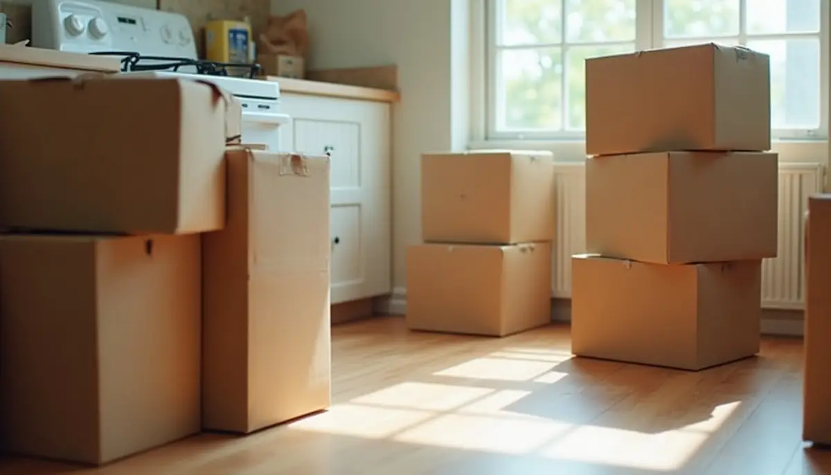 Cardboard grocery boxes on a kitchen floor