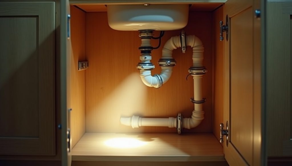Cabinet under a kitchen sink lit by a flashlight