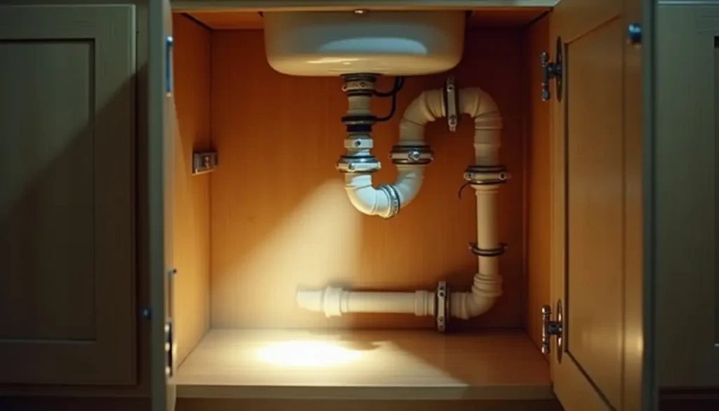 Cabinet under a kitchen sink lit by a flashlight