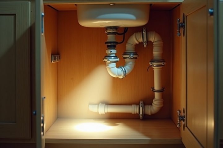 Cabinet under a kitchen sink lit by a flashlight