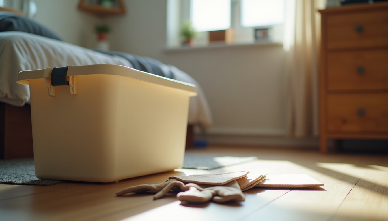 Plastic box, cardboard and work gloves on a bedroom floor